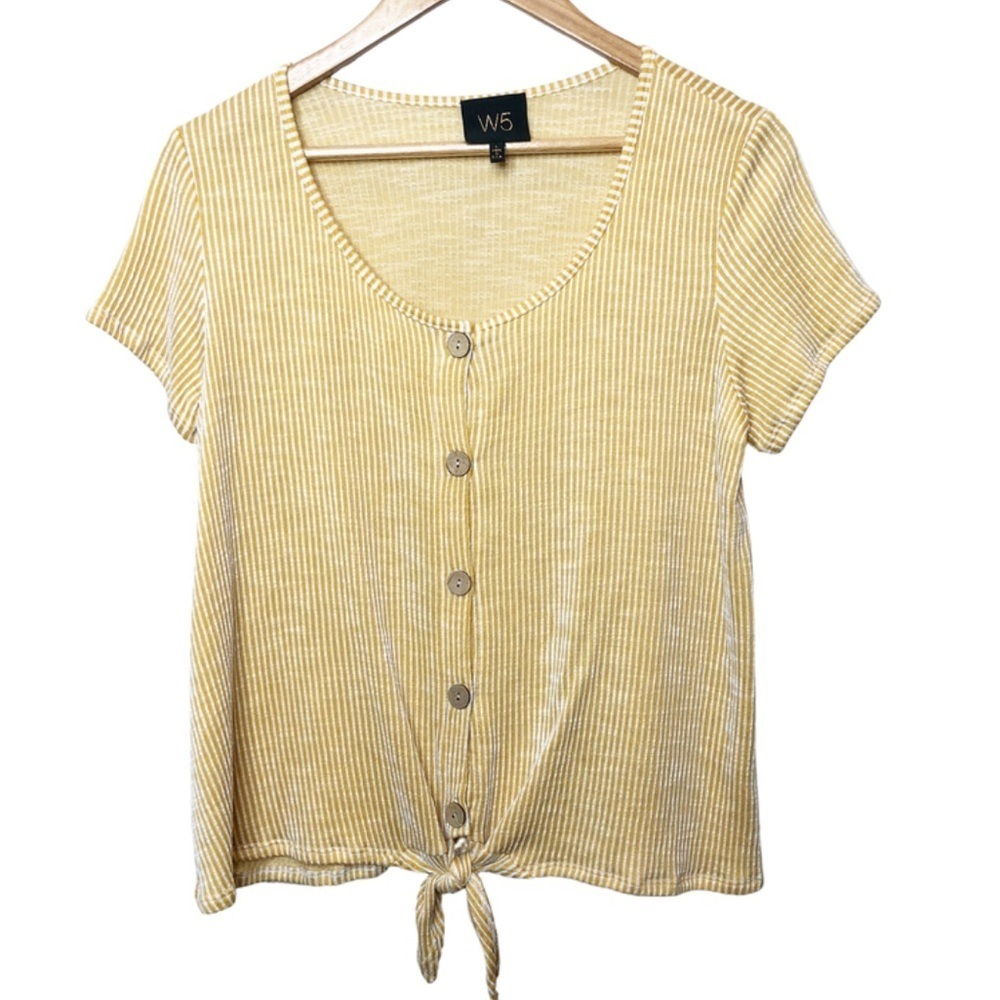 W5 Boutique Yellow White Stripe Knit Button Up Tie Front Short Sleeve Top Womens